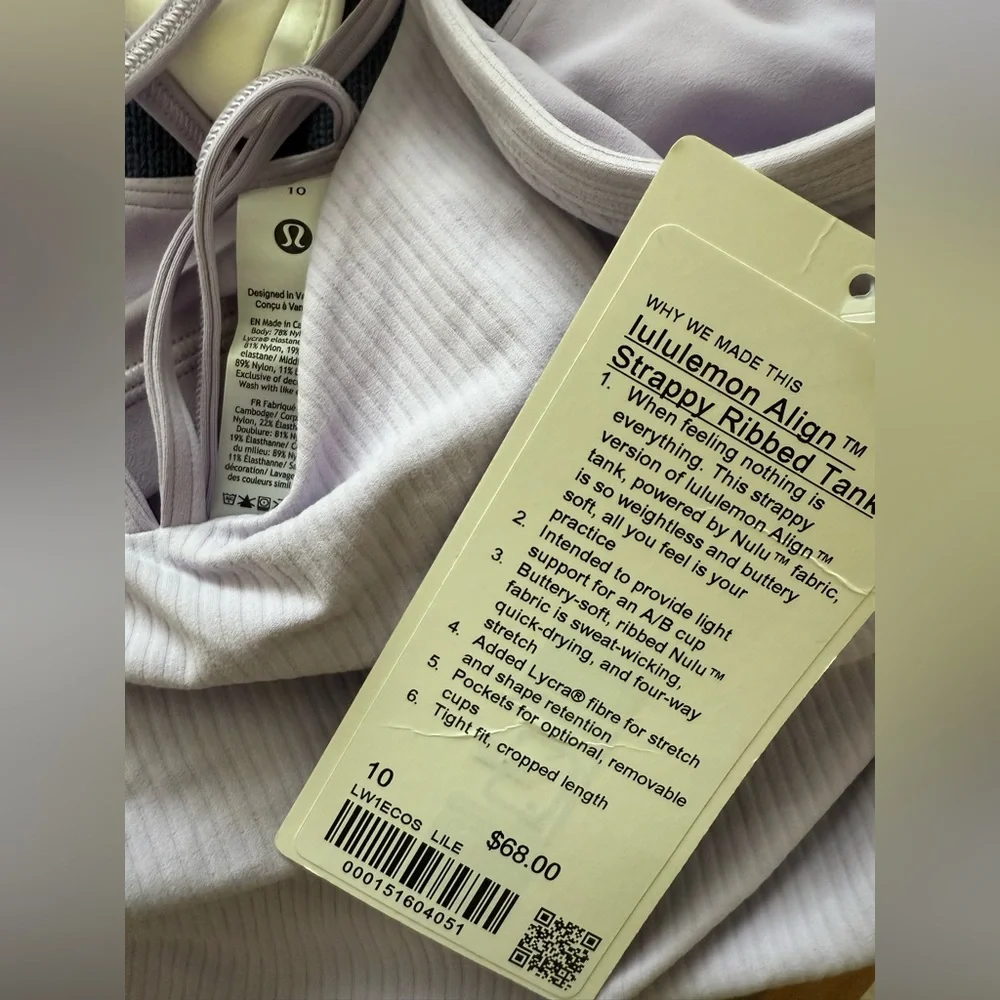 NWT Lululemon Align Strappy Ribbed Tank Top Lilac Ether Purple Crop Camisole 10